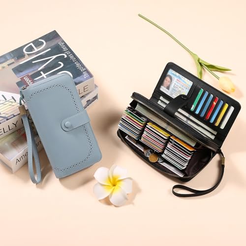 GAEKEAO Leather Credit Card Holder Wallet for Women RFID Blocking Large Capacity Bifold Zipper Card Case Organizer with Wristlet 45 Slots - color: Black02