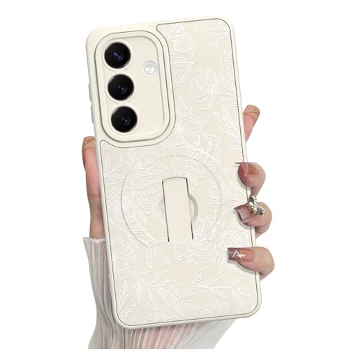 MZELQ for Samsung Galaxy S26 Case Rose Floral Flower Pattern -White | Silicone Cute Support for MagSafe, Kickstand Wristband Camera Protection Soft Slim Phone Case for Girls Women - color: White-Rose, size: Samsung Galaxy S26