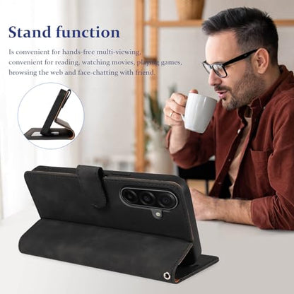 Wallet Case for Samsung Galaxy A17, RFID Blocking (Black) | 4 card slots with ID window, cash pocket, wrist strap, stand function, magnetic closure, flip PU leather, TPU inner shell - color: Black