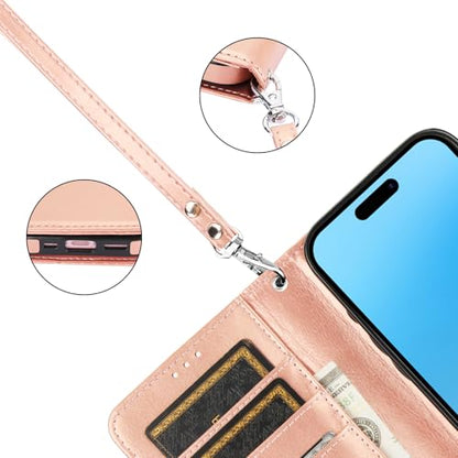 Bocasal Detachable Wallet Case Card Holder for iPhone 16, Rose Gold | RFID Blocking Kickstand Card Slots Holder PU Leather Magnetic Shockproof Wrist Strap Removable Flip Protective Cover 6.1 inch - color: Rose Gold