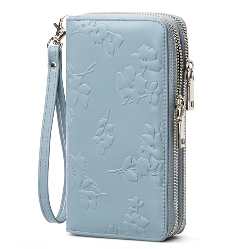 yiijay Womens Wallet RFID Blocking Large Capacity Vegan Leather Double Zip Wristlet Wallet Card Holder Travel Ladies Clutch - color: Blue