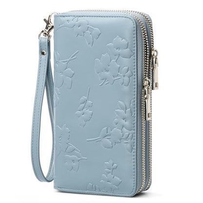 yiijay Womens Wallet RFID Blocking Large Capacity Vegan Leather Double Zip Wristlet Wallet Card Holder Travel Ladies Clutch - color: Blue