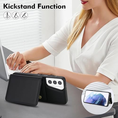 Phone Case for Samsung Galaxy S21 Plus S21+ 5G Wallet Cell Cover with Tempered Glass Screen Protector Wrist Crossbody Strap RFID Blocking Stand Card Holder S21+5G S21plus 21S + S 21 21+ G5 Women Black - color: Black