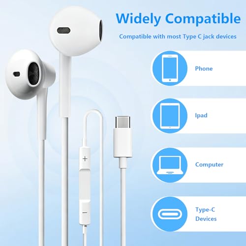 5 Pack USB C Headphones with Microphone Volume Control for iPhone 17/16/15 Pro Max iPad Plus Type-C USB-C Wired Earbuds USB Type C Earphone for Samsung S25 Ultra S24 S23 S22 （1.2M/4Ft）
