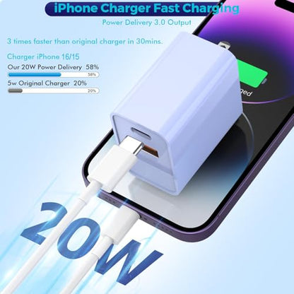 2Pack iPhone 17 Fast Charger,20W Dual USBA+C QC Wall Charger with 10FT Cord - color: Purple/Pink