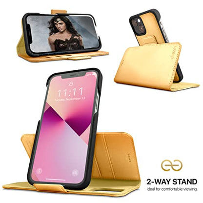 Dreem Vegan Leather Magnetic Detachable Wallet Case for iPhone 13 Gold | Built-in Phone Stand, RFID Blocking Card Holder Flip Cover, MagSafe Compatible, Gift Box [Fibonacci: Gold] - color: Gold, size: iPhone 13