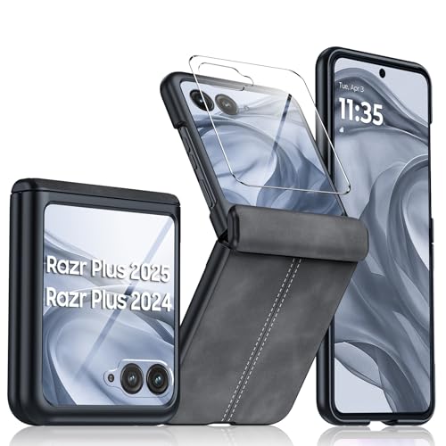 for Motorola razr+ Plus 2026 Case, Razr+ Plus 2025/2024 Case Built-in Screen Protector& Hinge Protection & Ultra Thin PU Leather Matte Shockproof Case for Moto Razr+ 2026/2025/2024(Black Gray) - color: Black, size: Razr+ 2025/2024
