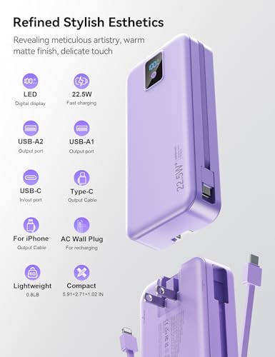 Portable Charger 20000mAh 22.5W w/Built-in Cable & Wall Plug Purple - color: Violet