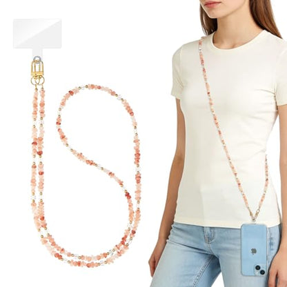 WOZEAH Crystal Cell Phone Lanyard Crossbody Strap for Women, Beaded Phone Strap for Cellphone Case with Tether Tab - color: Pink Marble