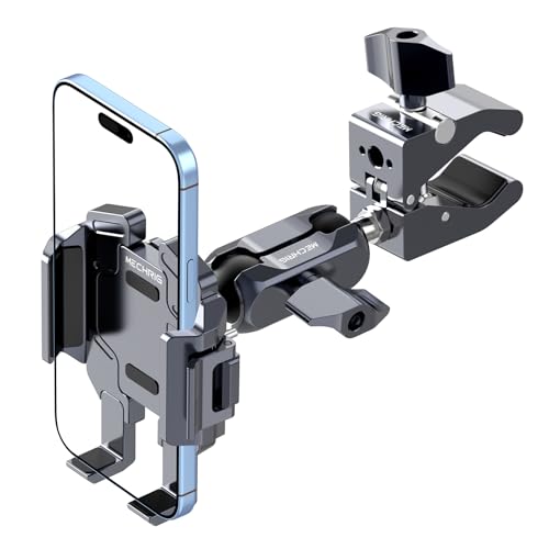 Motorcycle Phone Mount, CNC Aluminum Alloy Bike Phone Holder with Vibration Dampener & Dual 360° Ball Head, One-Click Lock Handlebar Clamp for iPhone 17 16 Pro Max Samsung (Mount002)