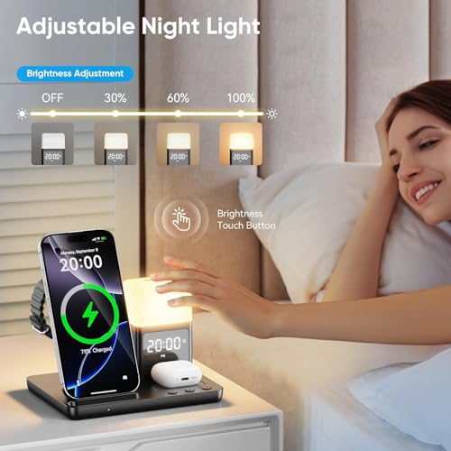 6 in 1 Wireless Charging Station with Clock & Night Light，Alarm Clocks for Bedrooms,Wireless Charger Stand with Beside Clock for iPhone 18/17/16/15/14/13/12 Pro Max, Apple Watch,Airpods (Black) - color: Black