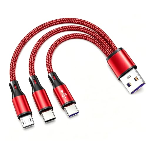 Multi Charging Cable, 3 in 1 USB Charging Cable for Multiple Devices, Red Braided Short 0.65FT USB A to 2 USB C + 1 Micro USB Splitter, 5A Fast Charge Compatible with Phone Tablets and More