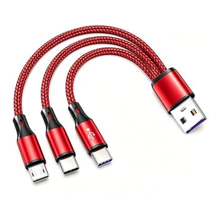 Multi Charging Cable, 3 in 1 USB Charging Cable for Multiple Devices, Red Braided Short 0.65FT USB A to 2 USB C + 1 Micro USB Splitter, 5A Fast Charge Compatible with Phone Tablets and More
