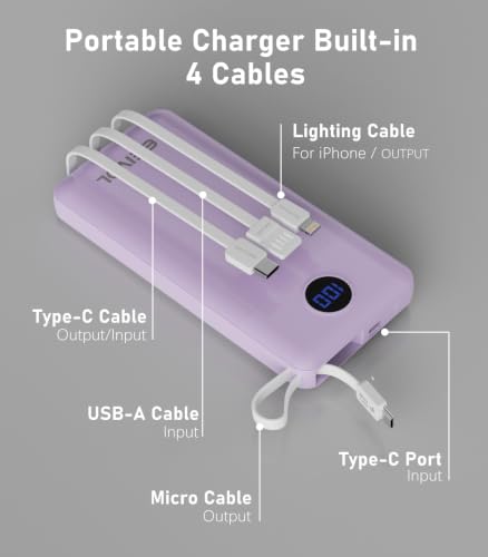 Portable Charger, 10000mAh Power Bank Built-in 4 Cables, Travel Essential - color: Lilac