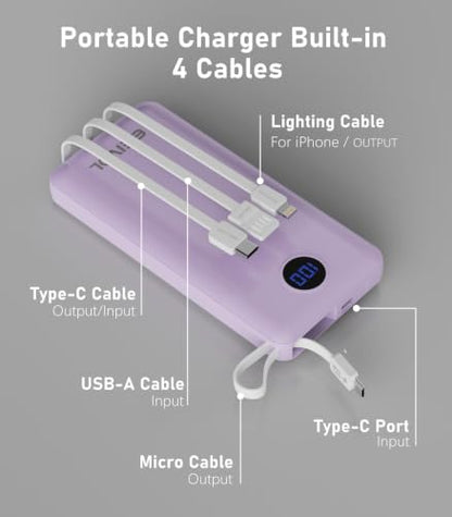 Portable Charger, 10000mAh Power Bank Built-in 4 Cables, Travel Essential - color: Lilac