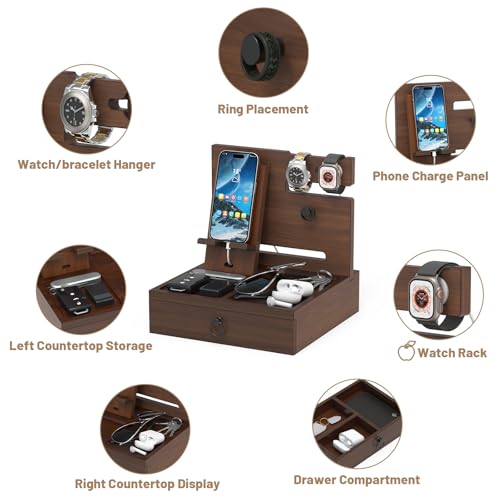Wood Phone Docking Station, Nightstand Organizer with Drawer - color: Elegant Walnut, size: Without charging station