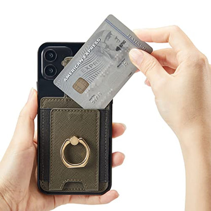2Pcs RFID Leather Card Holder for Phone, Stick-On Wallet with Ring | Phone Wallet Stick On Back Of Phone Case. Adhesive For iPhone Wallet Holds Credit Cards/ID/Pockets. Viewing Freely Ring Stand - color: Green+WinRed