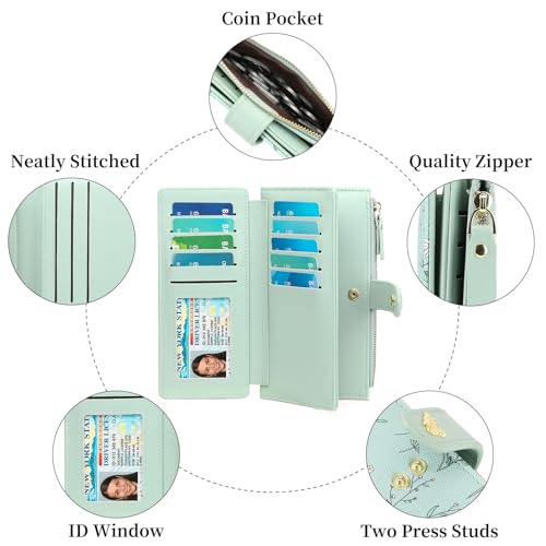 GAEKEAO Womens Wallet RFID Blocking Trifold Large Capacity Ladies Vegan Leather Wallet Floral Multi Card Holder Organizer - color: Y04-Green