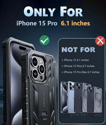 FNTCASE for iPhone 15 Pro Case with Belt Clip, Rugged Kickstand | Built-in Screen Protector, Military-Grade Drop Protection, Heavy Duty Shockproof Holster Protective Cover - color: T-Black