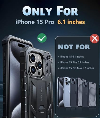 FNTCASE for iPhone 15 Pro Case with Belt Clip, Rugged Kickstand | Built-in Screen Protector, Military-Grade Drop Protection, Heavy Duty Shockproof Holster Protective Cover - color: T-Black