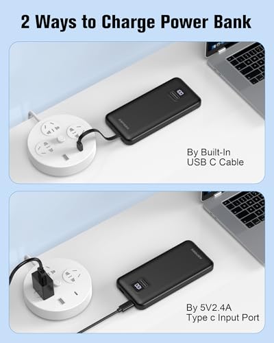 AsperX 2-Pack 10000mAh Portable Charger Built-in USB C Cables, LED Display - color: Black+Black