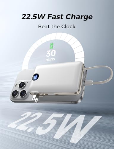Portable Charger 50000mAh with Built-in Cables and AC Wall Plug, 22.5W Fast Charging Power Bank with LED Display for iPhone 17/16, Samsung, Android Devices, Camping, Road Trips and Travel, White - color: White