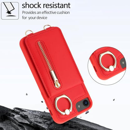 Crossbody Wallet Case for iPhone 7/8/SE 2020/SE 2022, with Card Slots Zipper Pocket Case, Flip Folio Purse RFID Blocking with Ring Kickstand Detachable Strap-Red - color: Red, size: iPhone 7/8/SE 2020/SE 2022 (4.7")