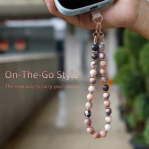 Marble Beaded Phone Wrist Strap for Women, Detachable Design - color: Pink Zebra