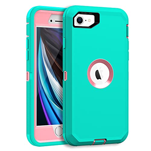 MXX Case Designed for iPhone SE Case 2020 /SE 2022 Heavy Duty Protective with Screen Protector [3 Layers] Rugged Rubber Protection Cover & Rotating 360 Degree Belt Clip SE 3rd/2nd Gen(Teal/Light Pink) - color: Teal/Light Pink