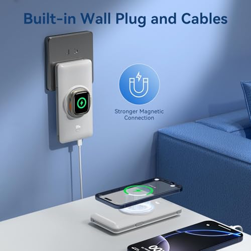 Magnetic 10000mAh Portable Charger for iWatch & iPhone, PD Fast Charging Wireless Power Bank Built-in Cables and Wall Plug, External Travel Battery Pack Compatible with iOS Android Phones - color: White
