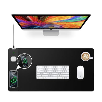 Wireless Charging Mouse Pad with Foldable Phone Holder, 31.5"x15.8", Black