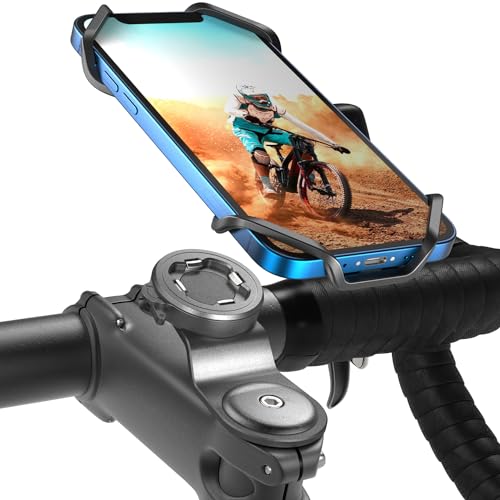 Bike Stem Phone Mount with Shockproof Silicone Grip – Quick-Lock Aluminum Out-Front Holder with Quad Safety Buckles & Elastic Strap, Fits 4.0”–6.7” Phones – Secure Fit for Road & Urban Rides - style: 【4-Buckle Style】Handlebar Mount + Silicone Adapter - Bl