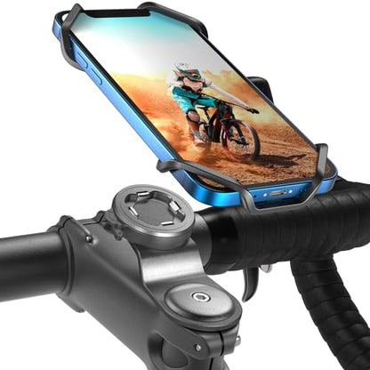 Bike Stem Phone Mount with Shockproof Silicone Grip – Quick-Lock Aluminum Out-Front Holder with Quad Safety Buckles & Elastic Strap, Fits 4.0”–6.7” Phones – Secure Fit for Road & Urban Rides - style: 【4-Buckle Style】Handlebar Mount + Silicone Adapter - Bl