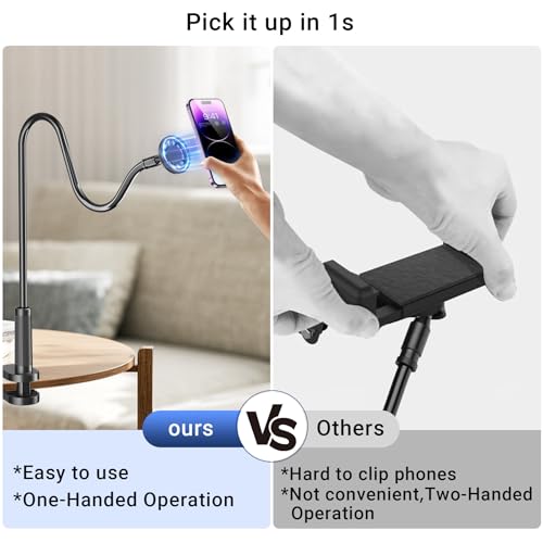 Magnetic Phone Holder for Bed Laying Down with Remote Page Turner, Bedside Gooseneck Phone Stand with Clicker for Reading, Flexible Mount with Wireless Scrolling Ring for iPhone/Tiktok/Short Video