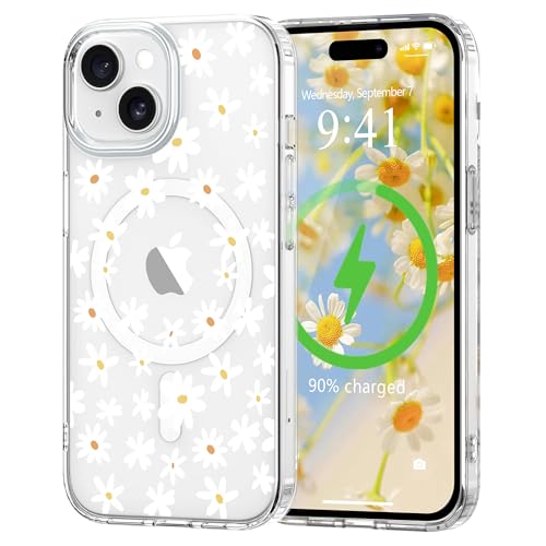 for iPhone 15 Case Flower Clear Magnetic Floral,White | [Compatible with Magsafe], Cute Flower Girls Women Clear Case Silicone Shockproof Protective Cover with Pretty Floral Pattern - color: White, size: iPhone 15