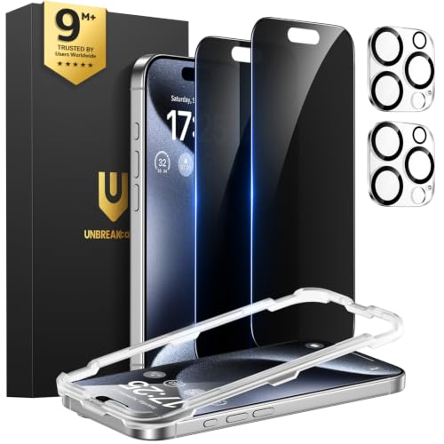UNBREAKcable iPhone 15 Pro Max Privacy Screen Protector 2-Pack, Upgraded Dual-Tempered Glass + 2 Camera Lens Protectors, 25° Anti-Spy, Military-Grade 9H+, HD Clear, Anti-Fingerprint, 6.7 Inch - size: iPhone 15 Pro Max
