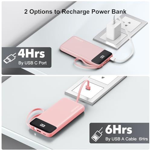 Portable Charger Built-in Cables,10000mAh Fast Charge Power Bank for iPhone - color: Pink