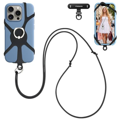 MoKo Phone Crossbody Lanyard - Adjustable Neck Strap with Phone Ring Grip - color: Black, size: 80-120cm