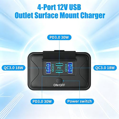 78W 4 Port 12V USB Outlet Charger Socket, Dual 36W PD + Dual 18W QC3.0 Wall Surface Mount Charging Panel with Button Switch for RV Truck Bus Marine Golf Cart