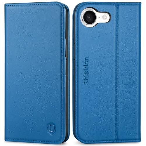 SHIELDON Real Leather Wallet Case for iPhone 17e/16e 6.1", Sapphire Blue | RFID Blocking, Credit Card Holder, Magnetic Closure, Kickstand, Folio Design, Full Protection, Shockproof Phone Cover - color: Sapphire Blue