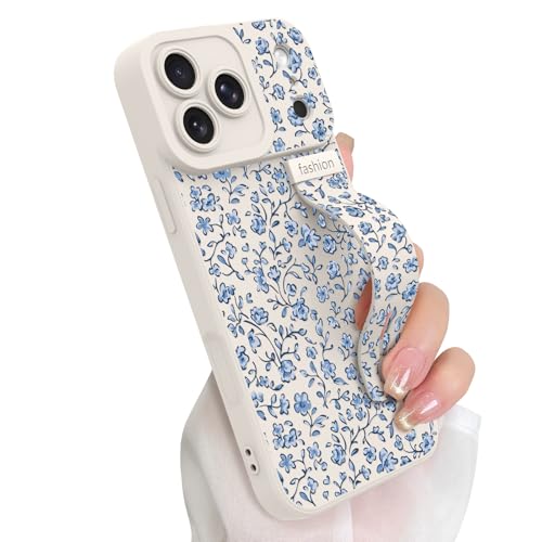 Cute Floral Case for iPhone 17 Pro Max with Finger Hand Wrist Strap | Flowers Design Phone Case with Adjustable Wristband Kickstand, Soft TPU Protective Cover for Women Girls, White - color: White(Floral), size: Designed for iPhone 17 Pro Max