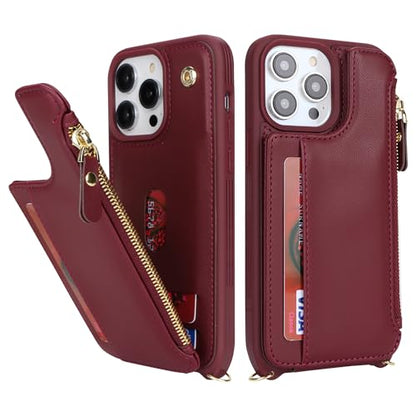 Cavor for iPhone 15 Pro Max Wallet Case with Card Holder Women, Wine red | for iPhone 15 Pro Max Case with Strap,Crossbody and Wristlet Zipper Pocket Phone Cover - color: B-Wine red