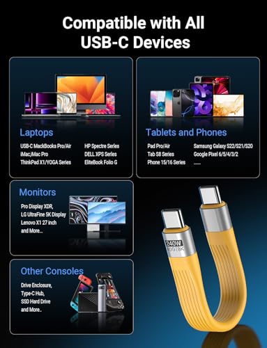VAFOTON PD 240W Short USB C Cable/USB 4.0 USB C Short Cable/40Gbps Transfer - color: Yellow