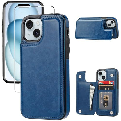 Wallet Case Compatible with iPhone 15,Slim Protective case with Card Holder,Premium PU Leather Kickstand Card Slots Case with 1 Screen Protective Glass for iPhone 15 (6.1")-Deep Blue - color: Deep Blue