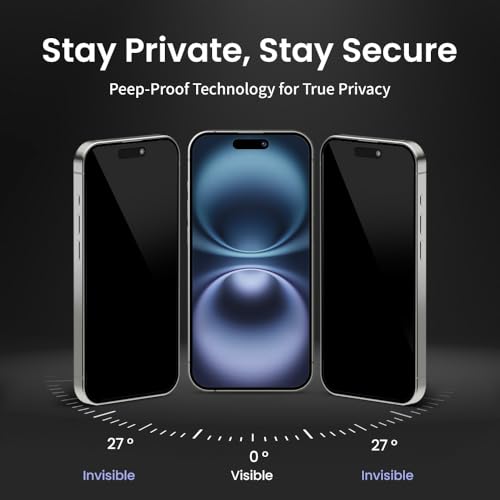 2 PACK Privacy Screen Protector for iPhone 17, [27° Anti-Spy] 9H Hardness Shatterproof Tempered Glass with [Easy Installation Frame with Auto Dust Removal] Bubble Free, Case-Friendly, HD Full Coverage - size: iPhone 17