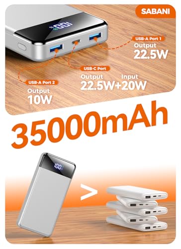 SABANI Portable Charger 35000mAh Power Bank, 4 Built in Cable Big Capacity - color: Silver
