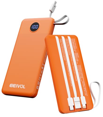 Portable Charger Built in 4 Cables, 10000mAh Power Bank, Orange - color: Orange