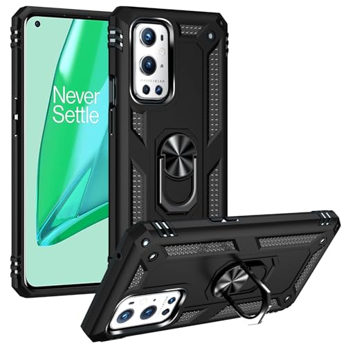 Case for Oneplus 9 Pro Military Grade Shockproof Cell Phone Cover with Kickstand and 360° Rotating Ring, Magnetic Car Mount Compatible, Hard Heavy Duty Armor Protective Shell (Black)
