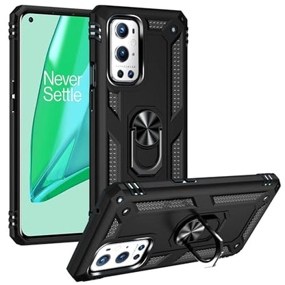 Case for Oneplus 9 Pro Military Grade Shockproof Cell Phone Cover with Kickstand and 360° Rotating Ring, Magnetic Car Mount Compatible, Hard Heavy Duty Armor Protective Shell (Black)