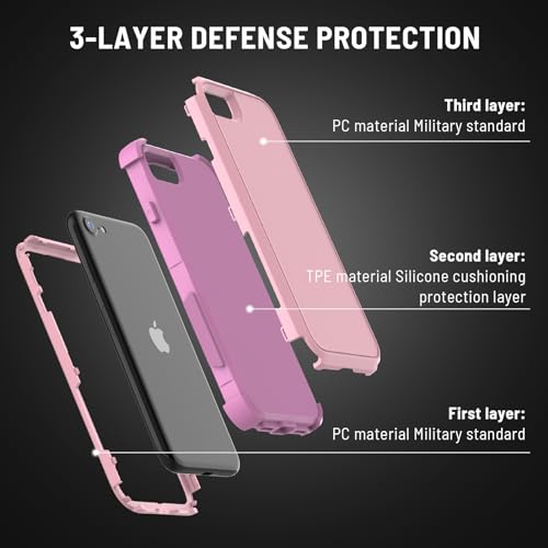 X-belmox Heavy Duty Phone Case for iPhone SE 3rd Generation Drop Proof Pink | with Screen Protector 3 in 1 iPhone SE 2020/2022 Case [Shockproof] Rugged Protective Cover for iPhone 7/8 4.7", pink - color: Pink